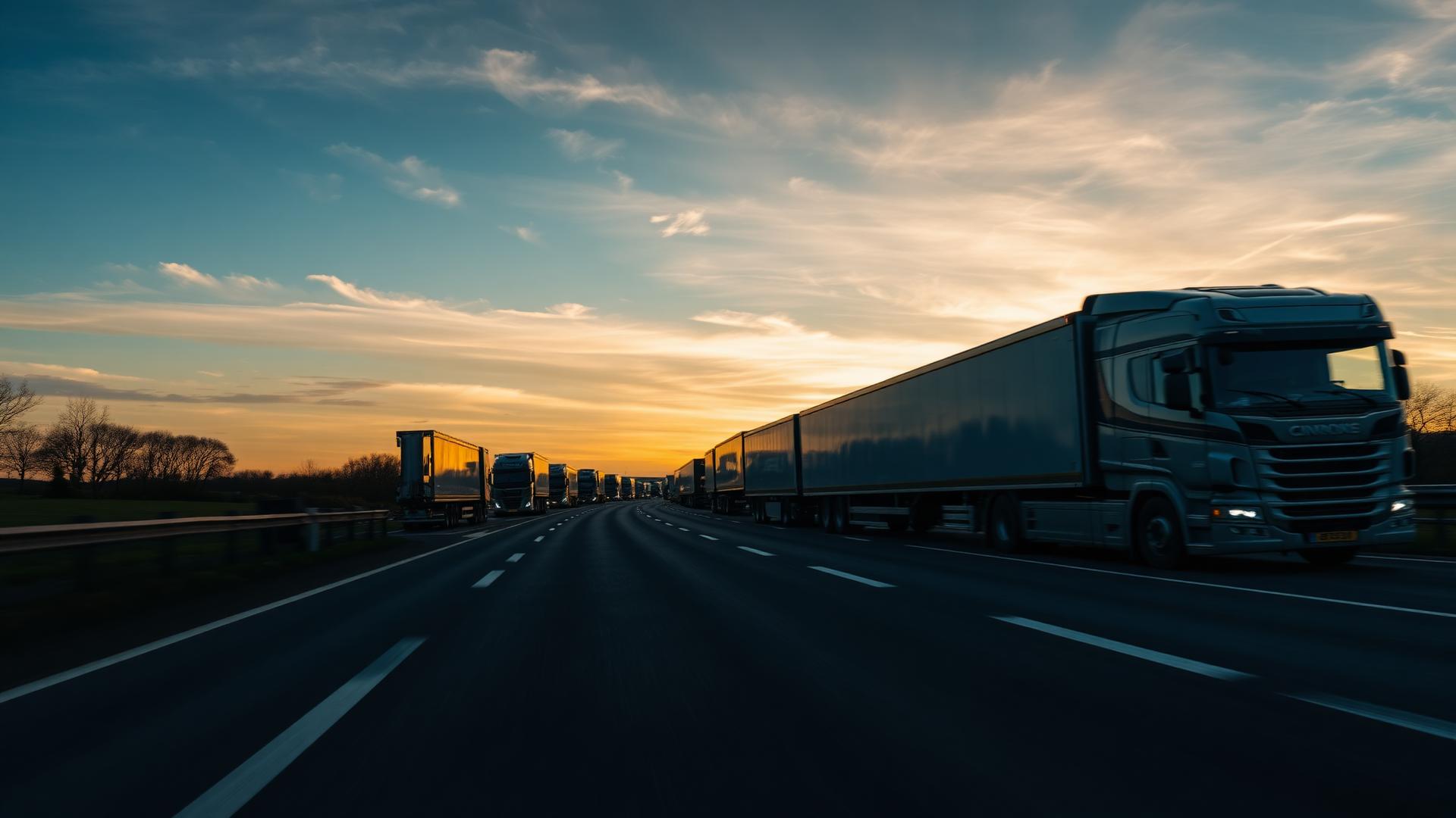 Fleet of Tanny Transport lorries on a UK motorway at dusk